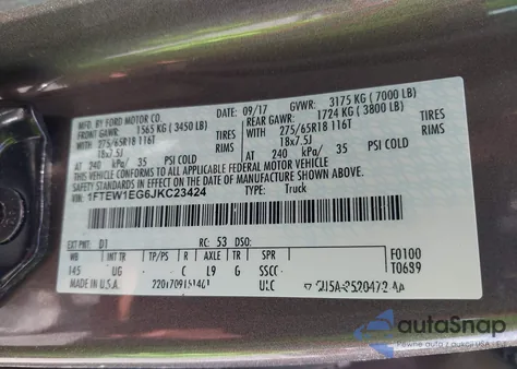 2018 Ford F-150 Xlt из США, поврежденный, VIN 1FTEW1EG6JKC23424